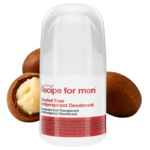 A clear roll-on alcohol-free deodorant for men with sensitive skin, offering long-lasting sweat and odor protection with a vegan, fragrance-free formula made in Sweden.