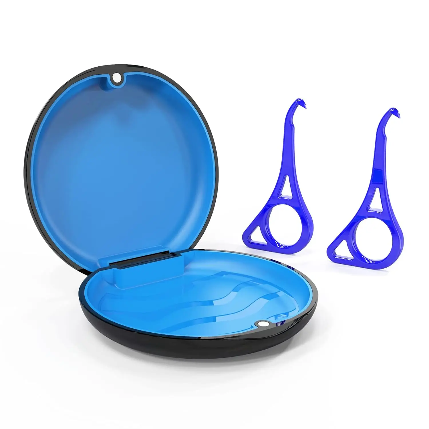 This black and blue aligner case with a magnetic closure and textured liner securely holds Invisalign aligners, night guards, or retainers and comes with two aligner removal tools.