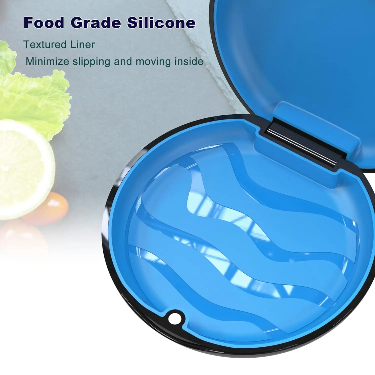 This black and blue aligner case with a magnetic closure and textured liner securely holds Invisalign aligners, night guards, or retainers and comes with two aligner removal tools.