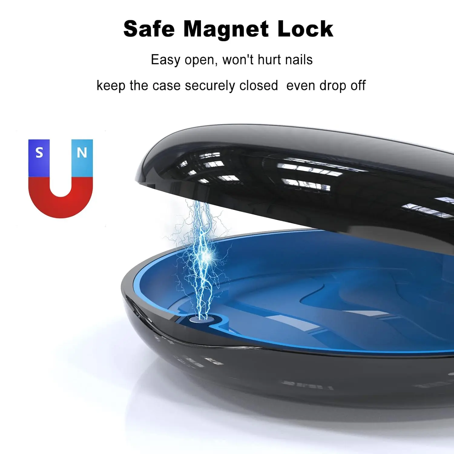 This black and blue aligner case with a magnetic closure and textured liner securely holds Invisalign aligners, night guards, or retainers and comes with two aligner removal tools.