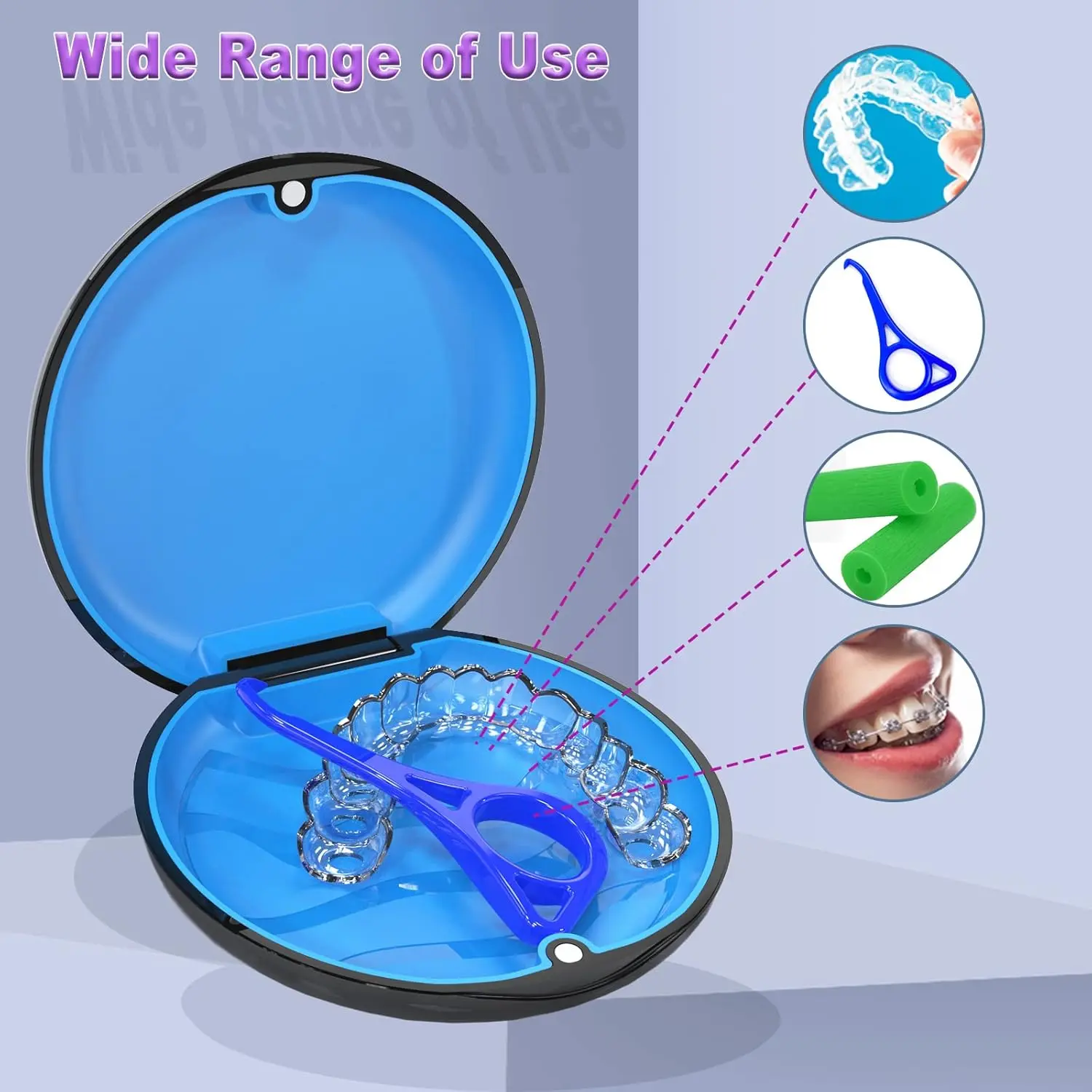 This black and blue aligner case with a magnetic closure and textured liner securely holds Invisalign aligners, night guards, or retainers and comes with two aligner removal tools.