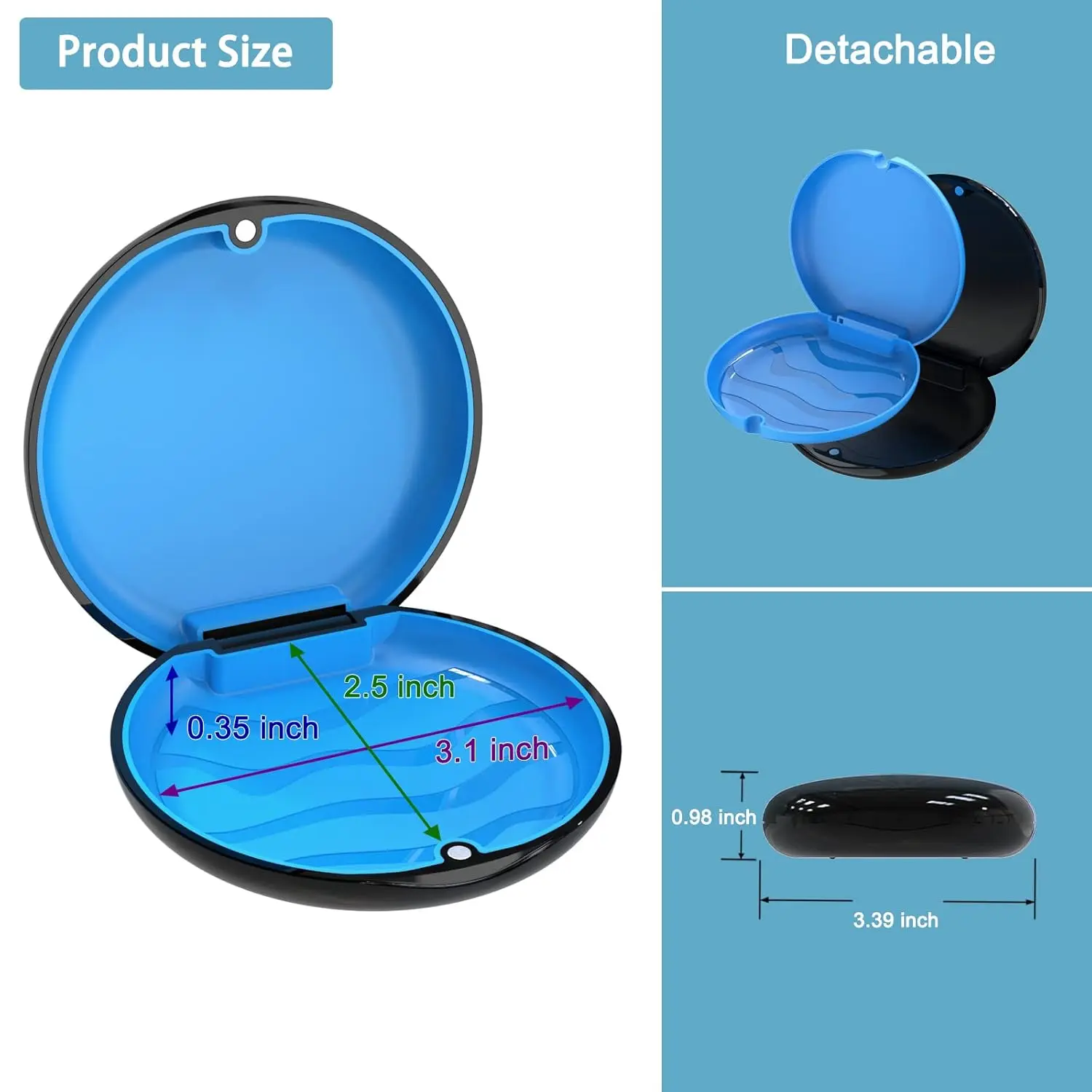 This black and blue aligner case with a magnetic closure and textured liner securely holds Invisalign aligners, night guards, or retainers and comes with two aligner removal tools.