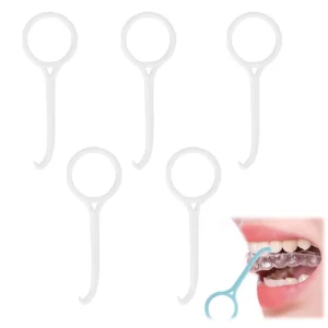Five white aligner removal tools for removing invisible braces and retainers, designed with a comfortable grip and safe food-grade plastic for oral care.