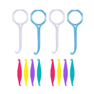 This 12-piece set includes aligner removal tools and elastic placers for comfortable and easy braces care and oral hygiene, featuring durable, food-grade plastic construction.