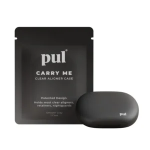 Gray slim and sleek PUL aligner case securely holding clear aligners.