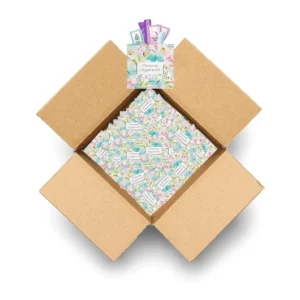 Individually wrapped all-in-one period kit with tampon, sanitary pad, feminine wipes, and hand wipe, perfect for travel, school, or everyday convenience.