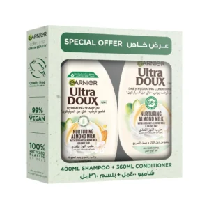 Garnier Ultra Doux almond milk shampoo and conditioner set, designed to hydrate and nurture all hair types without weighing them down, formulated with organic ingredients.