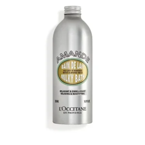 L'Occitane Almond Milky Bath from France with a delicate almond scent for normal skin, packaged at 12 pounds.