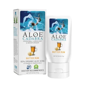 This image shows a 2.5oz bottle of Aloe Cadabra natural butter rum flavored lubricant in hygienic packaging, carefully formulated for women, men, and couples.