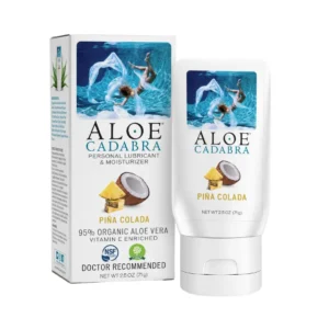 A 2.5 ounce bottle of Aloe Cadabra Pina Colada flavored organic edible lubricant for men and women, formulated with care and packed with a host of goodness in hygienic packaging.