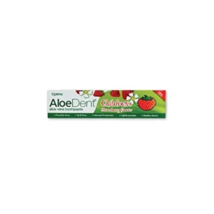 Tube of Aloe Dent Children's Strawberry Toothpaste with Fluoride protects young teeth.