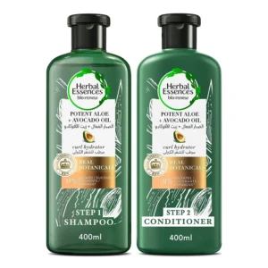 Herbal Essences Aloe Vera and Avocado Oil shampoo and conditioner set cleanses, hydrates, and moisturizes curly hair with plant-based ingredients, leaving it soft and defined.
