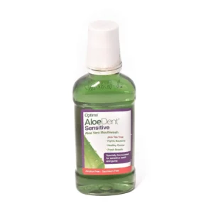 A bottle of Aloedent Sensitive Aloe Vera Mouthwash for gentle oral hygiene.