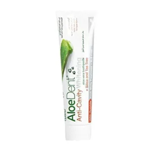 Tube of AloeDent whitening toothpaste with aloe vera for healthy teeth and gums.