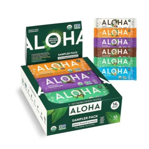 Twelve ALOHA organic plant-based protein bars in a variety pack with six flavors, offering 14 grams of protein per bar, are vegan, gluten-free, non-GMO, kosher, soy-free, dairy-free, stevia-free, high in fiber, and paleo friendly, perfect for a healthy lifestyle.