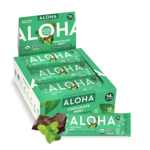 Twelve ALOHA organic plant based protein bars in chocolate mint flavor, a vegan, gluten-free, and paleo-friendly snack with 14 grams of protein and only 5 grams of sugar.
