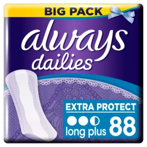 Image of Always Dailies Extra Protect Long Plus pantiliners, offering up to 100% odor protection and leak prevention with a soft, absorbent top layer for all-day freshness and comfort.