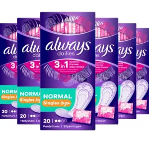 Individually wrapped Always Dailies pantyliners provide discreet, breathable, and dermatologically tested everyday freshness and odour control for on-the-go confidence, in a pack of six.
