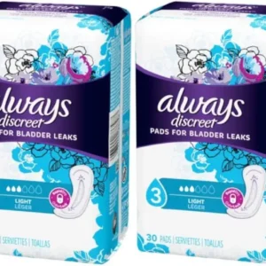 This is an image of Always Discreet Light Pads, designed to keep you drier and absorb two times more than regular period liners, featuring OdorLock Technology and a RapidDry core.