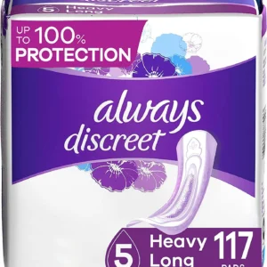 Pack of Always Discreet incontinence pads for women with maximum absorbency and long length, providing discreet protection.