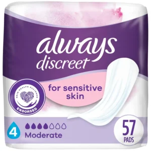 Always Discreet moderate absorbency incontinence pads offer up to 100% leak-free protection, are soft, fragrance-free, and dermatologically tested for sensitive skin.