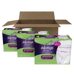 Always Discreet incontinence underwear for women in large size, offering maximum absorbency and discreet protection against bladder leaks, day or night.