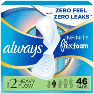 Always Infinity heavy flow pads with wings made of FlexFoam material for zero leaks, zero feel, and zero bunching, available in a 46 count package.