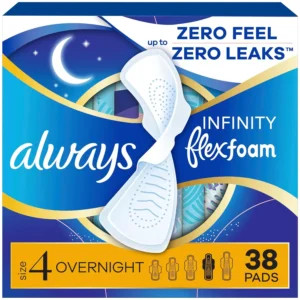 Always Infinity FlexFoam Size 4 overnight pads provide up to 12 hours of zero leak, zero feel protection, featuring a conforming FlexFoam core and a 50% larger back for worry-free security.