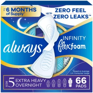 Always Infinity Size 5 Extra Heavy Overnight pads with FlexFoam provide up to 12 hours of leak-free protection and zero feel, featuring a dry breathable top layer and a 60% larger back for worry-free nights.
