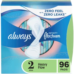 Always Infinity Size 2 pads with wings offer heavy flow absorbency and zero leaks with FlexFoam technology for discreet, comfortable protection.
