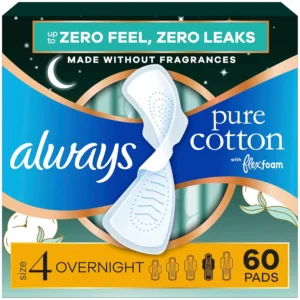 Always Pure Cotton Size 4 Overnight Pads with FlexFoam and secure wings offer up to zero leaks, zero feel, and 8x drier protection for women, dermatologically tested and FSA/HSA eligible.