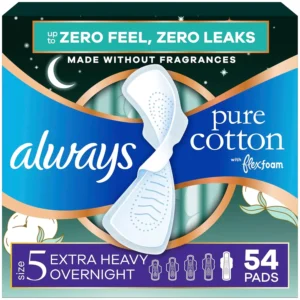 Always Pure Cotton Size 5 Extra Heavy Overnight Absorbency Pads with Flexfoam and wings offer up to 12 hours of zero leaks and are dermatologically approved.