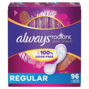 Unscented Always Radiant Daily Liners with CleanGuard quilted core provide up to 100% odor-free protection for light flow days, tampon backup, and everyday clean feeling.