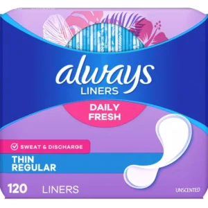 Three packs of Always Incredibly Thin Unscented pantiliners, each containing 120 liners, offering daily freshness and flexible protection with a breathable layer for moisture control.