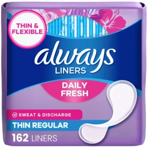 This image displays Always Thin daily panty liners for women, offering light absorbency, unscented protection, and everyday freshness in a convenient, individually wrapped format, designed to stay in place with edge-2-edge adhesive.