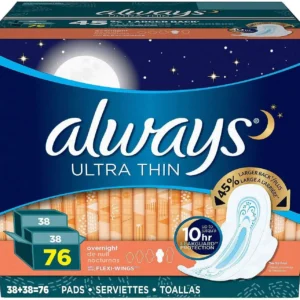 An image shows Always Ultra Thin Overnight winged pads, designed for easy use and comfortable overnight protection.