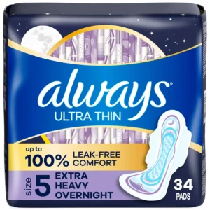 Always Ultra Thin Size 5 overnight pads with wings offer up to 100% leak-free comfort, 75% more back coverage, and absorb gushes 2x faster, keeping you feeling clean and dry all night long.
