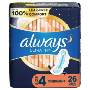 Image of Always Ultra Thin Size 4 overnight pads with wings, offering up to 100% leak-free comfort and 2x larger back for nighttime protection.