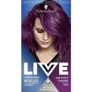 Schwarzkopf LIVE Urban Metallics Amethyst Chrome hair dye creates vibrant, fade-resistant purple metallic tones and impressive shine for dark blonde to dark brown hair, infused with coconut oil.