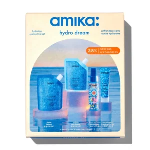 The Amika Hydro Dream Hair Routine Trial Set intensely hydrates and moisturizes dry hair with a shampoo, conditioner, leave-in conditioner and overnight mask, leaving hair three times more hydrated.