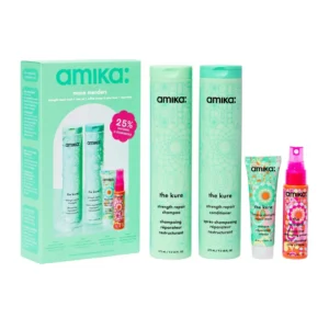 The Amika Mane Menders Strength Repair Wash and Care Set includes four hair products to cleanse, condition, and repair damaged hair.