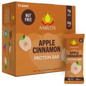 Twelve Amrita apple cinnamon protein bars provide 15g of plant-based protein in a vegan, gluten-free, low-sugar snack.