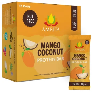A box of Amrita Mango Coconut high protein bars, a plant-based, gluten-free and dairy-free vegan snack with 15g of protein per bar.