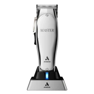 The Andis Professional Master hair trimmer is silver, corded/cordless, and features an adjustable carbon-steel blade for crisp, clean lines on hair, beards, mustaches, and sideburns.