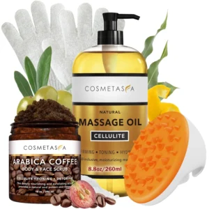 This anti cellulite massage oil kit with coffee scrub, exfoliating gloves, and massager mitt makes a great gift for reducing cellulite and promoting smoother skin.