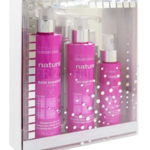 Abril et nature anti-frizz hair kit with shampoo, mask, and serum to hydrate, smooth, and add shine to dry, frizzy hair.