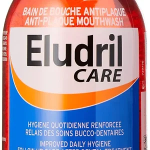 Bottle of antiplaque mouthwash for adults that is antibacterial and mint free, offering soothing oral care.