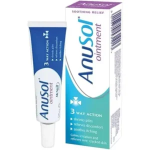 A tube of Anusol Ointment, a medication for the effective relief of hemorrhoid symptoms.