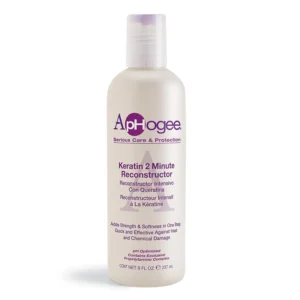 Aphogee Keratin 2 Minute Reconstructor provides intensive repair, strength, and softness for tinted, bleached, or relaxed hair damaged by heat and chemicals, while soothing irritated scalps.