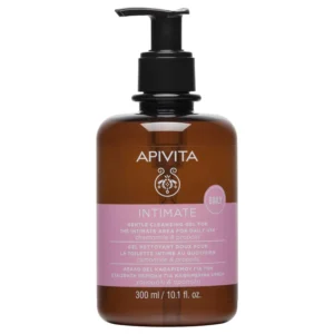 Apivita Intimate Daily Gentle Cleansing Gel with chamomile and propolis soothes, prevents microorganism growth, and cleanses.